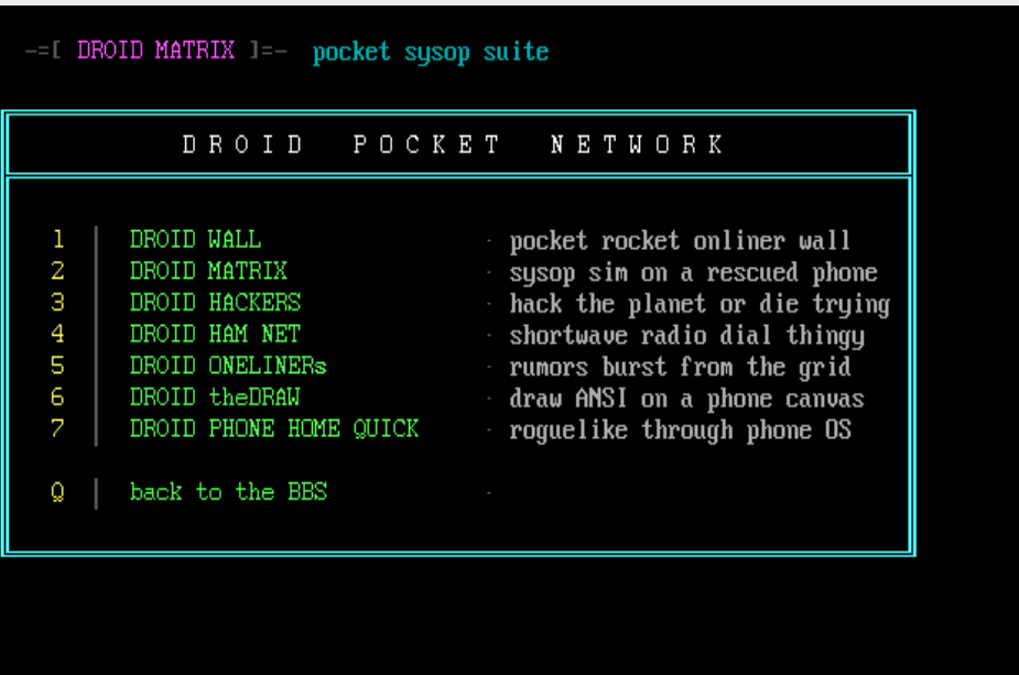 DROID POCKET NETWORK menu screenshot