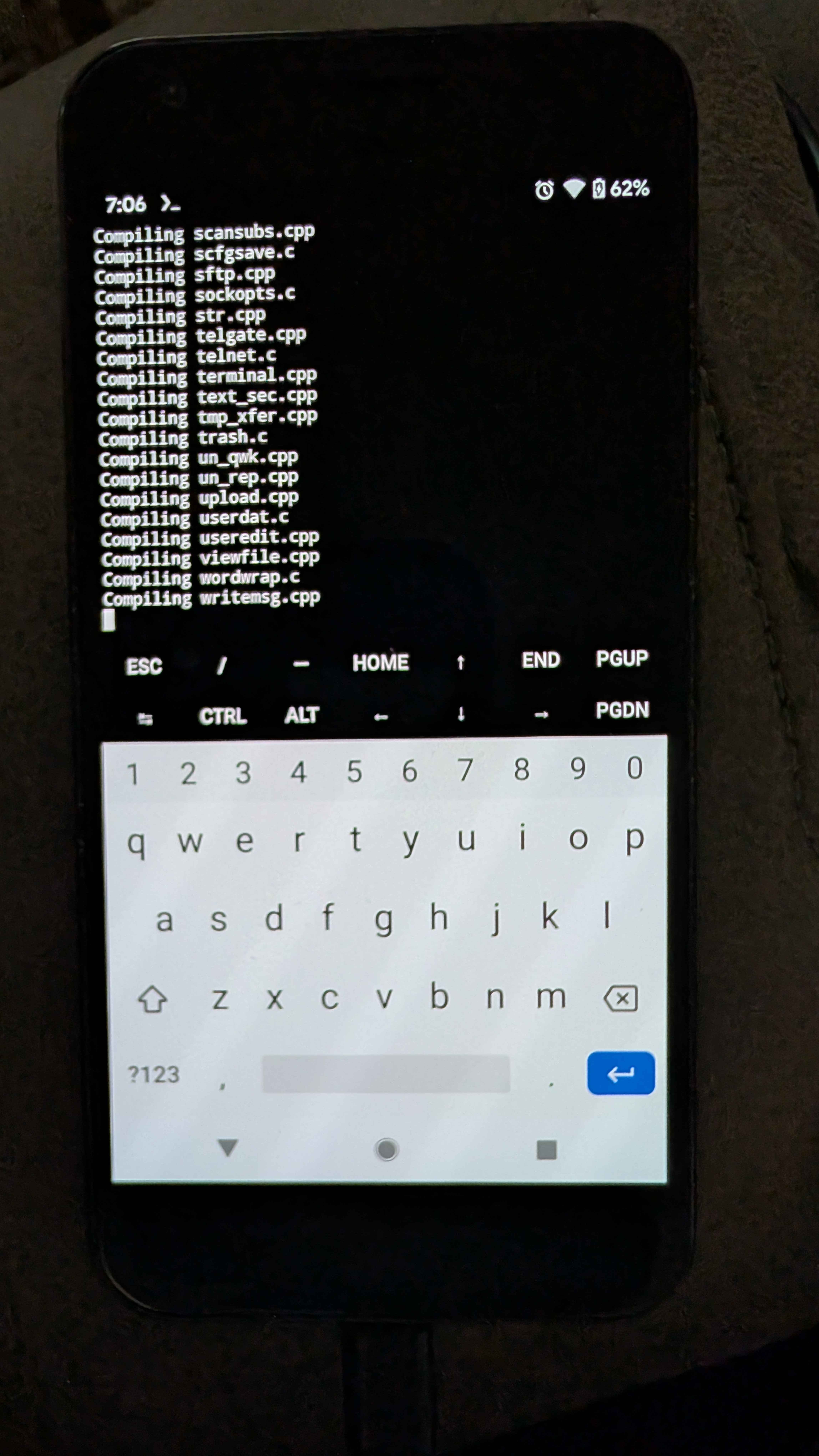 Pixel mid-compile, scrolling Compiling scansubs.cpp / scfgsave.c / sftp.cpp / etc.